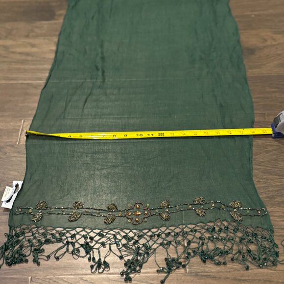 Sue Wong 100% Silk Scarf Dress Green Gold Sheer Shawl Hand Beaded Jewel Large #2 - Picture 9 of 14